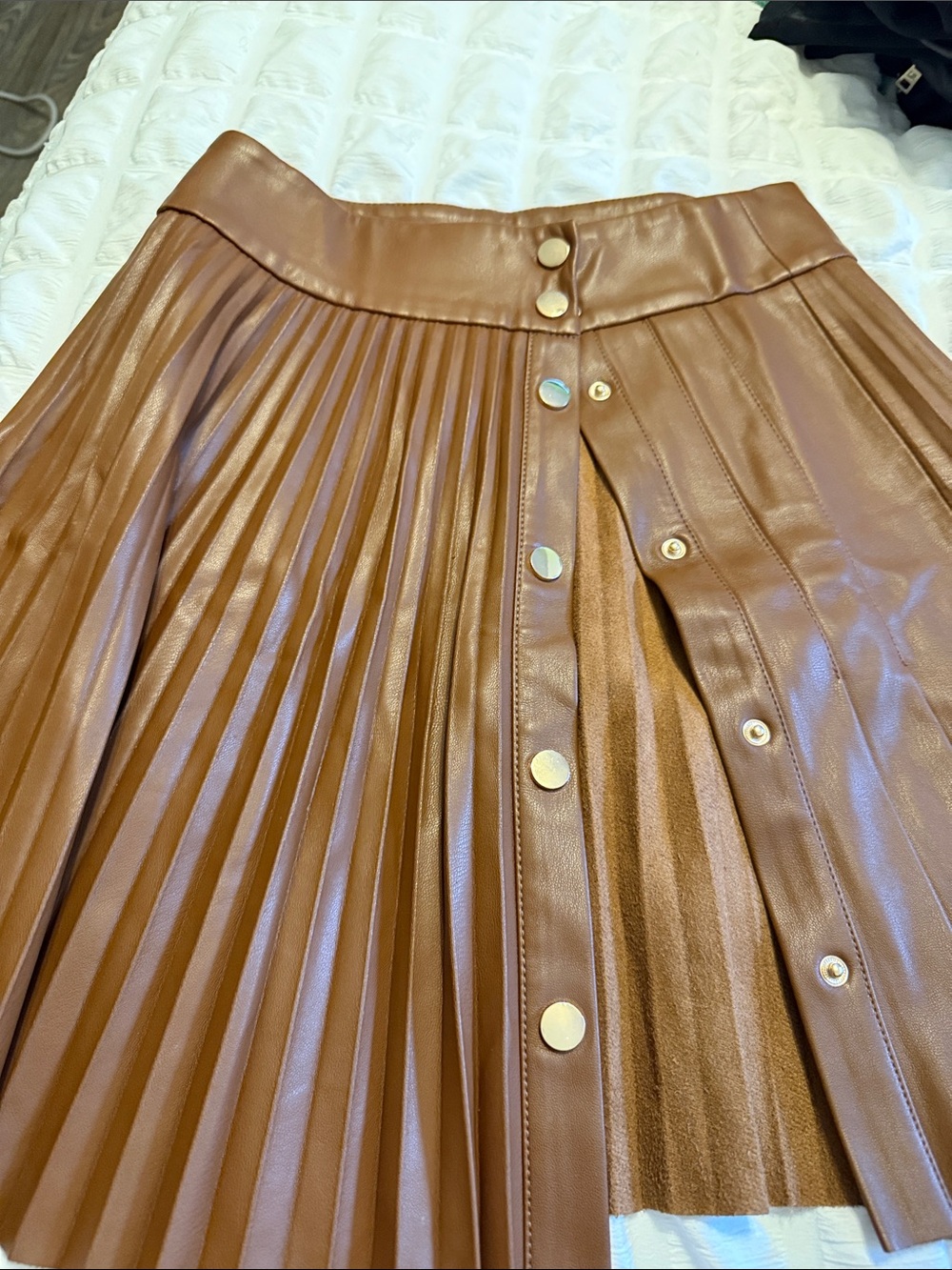 Zara Cognac Faux Leather Pleated Skirt with Gold Buttons